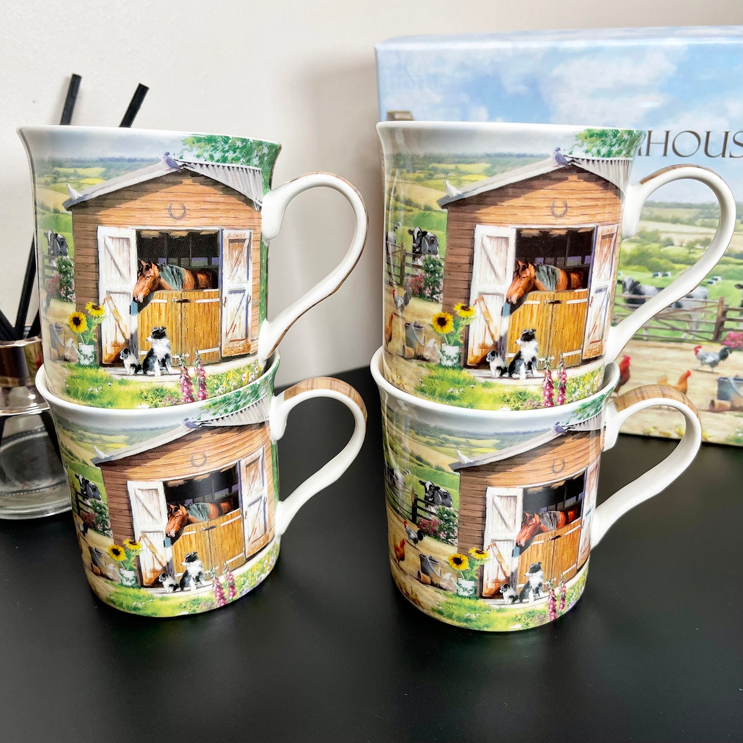 Set Of 4 English Farm Fine China Mugs