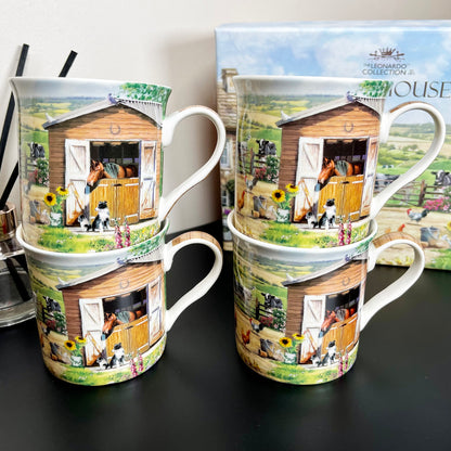 Set Of 4 English Farm Fine China Mugs