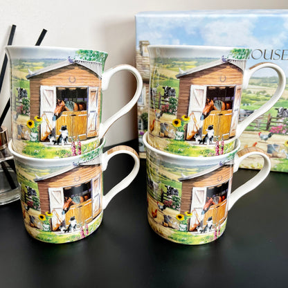 Set Of 4 English Farm Fine China Mugs