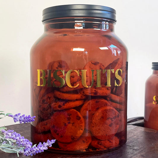 Amber Glass Biscuit Storage Jar With Black Lid