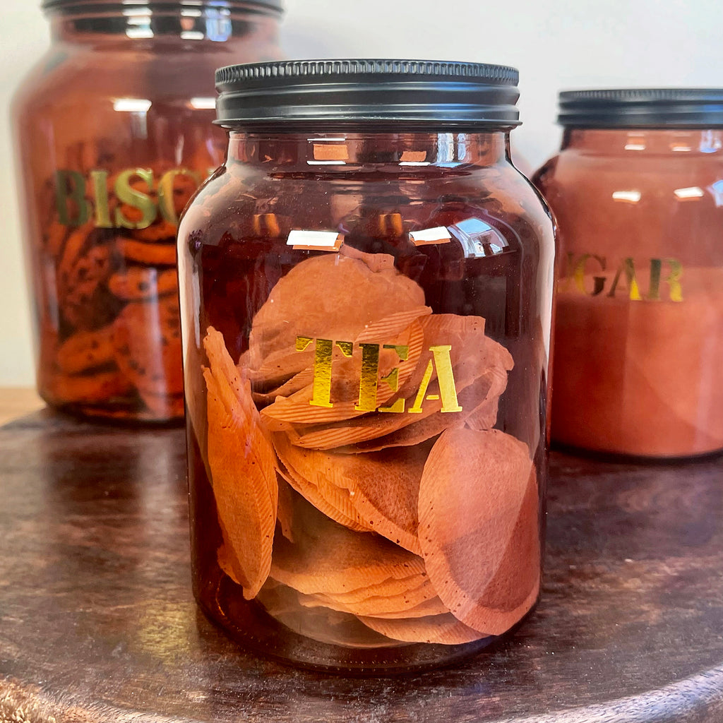 Set Of 5 Amber Glass Storage Jars