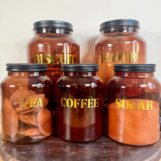 Set Of 5 Amber Glass Storage Jars