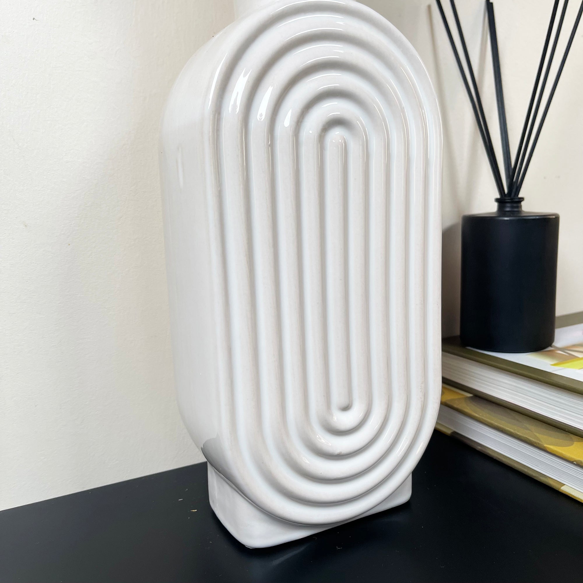 White Ribbed Oval Vase