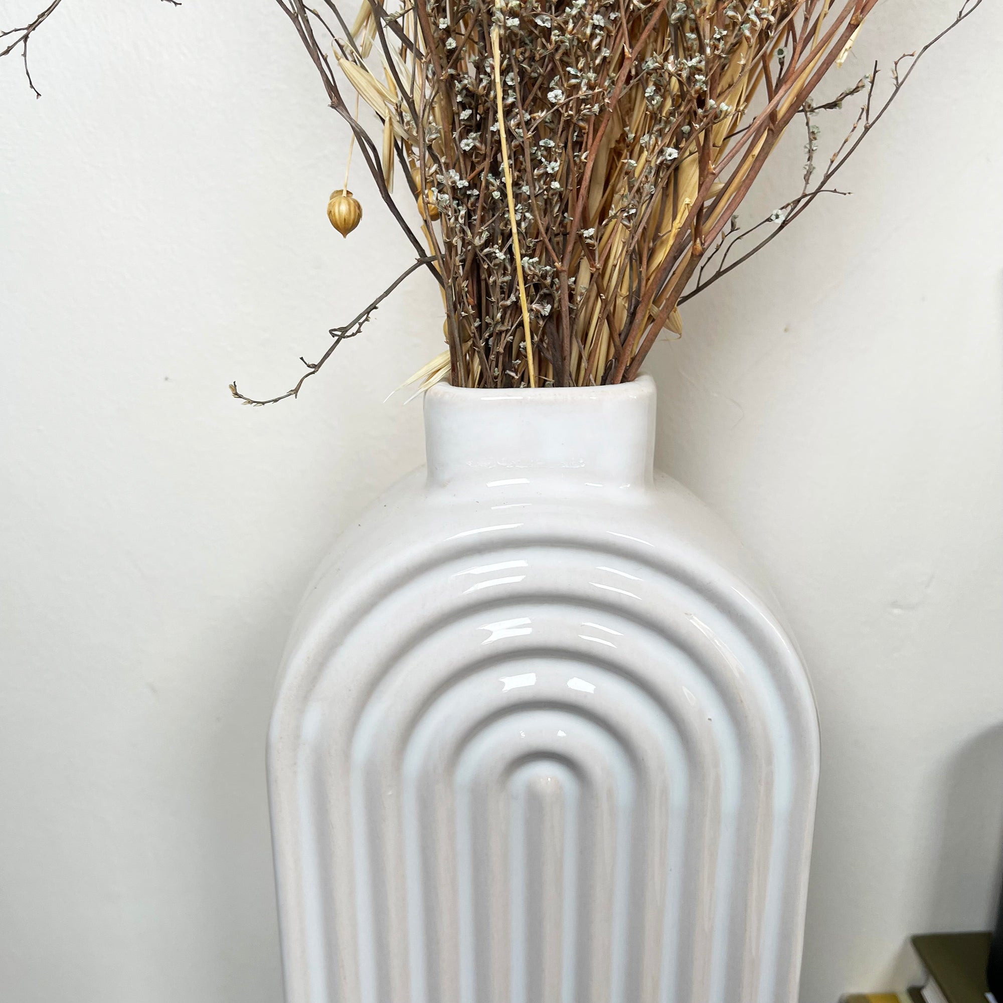 White Ribbed Oval Vase