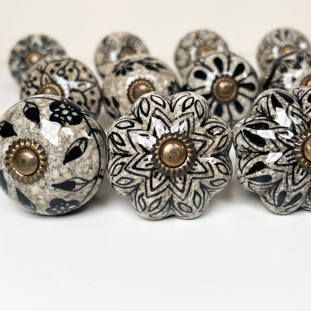 Set Of 12 Black & White Ceramic Door Knobs