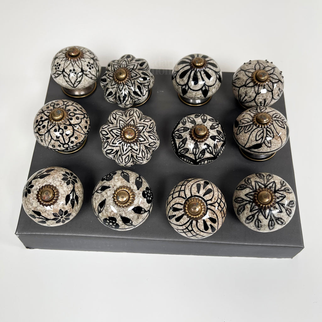 Set Of 12 Black & White Ceramic Door Knobs