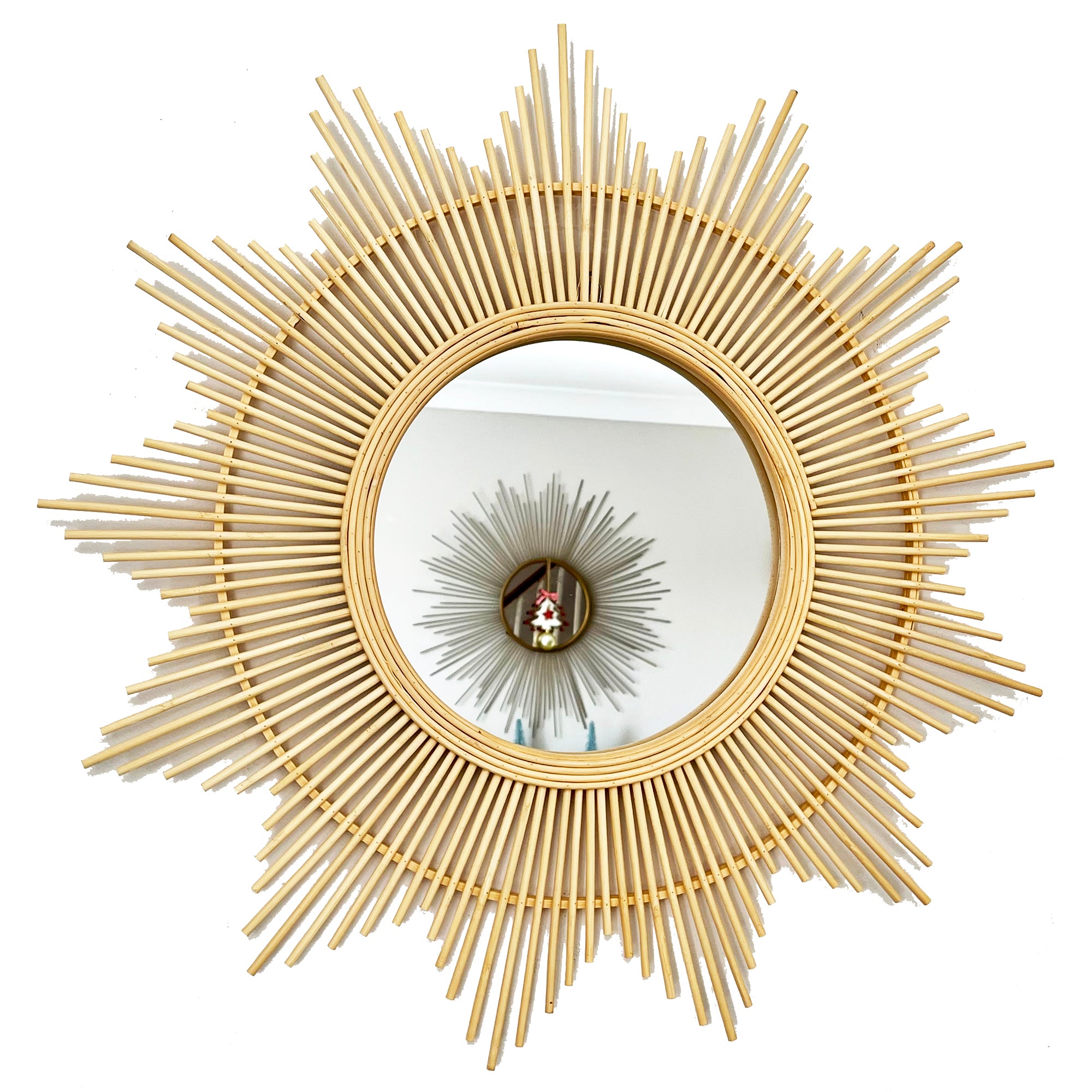 60 cm großer Sunburst-Wandspiegel aus Bambus