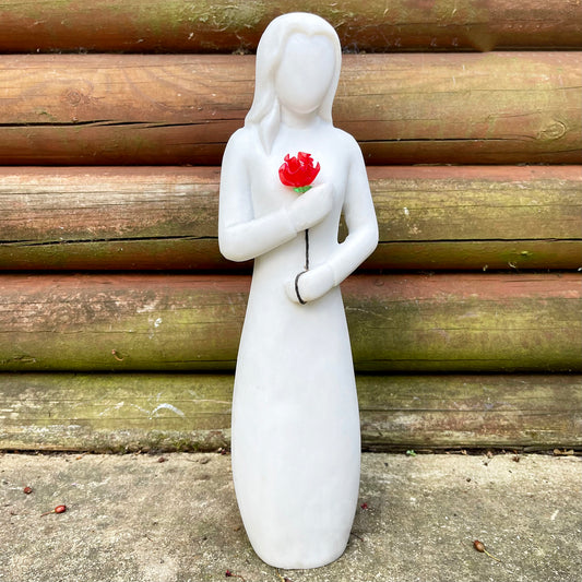 Woman With Red Rose Garden Ornament - White Marble Resin