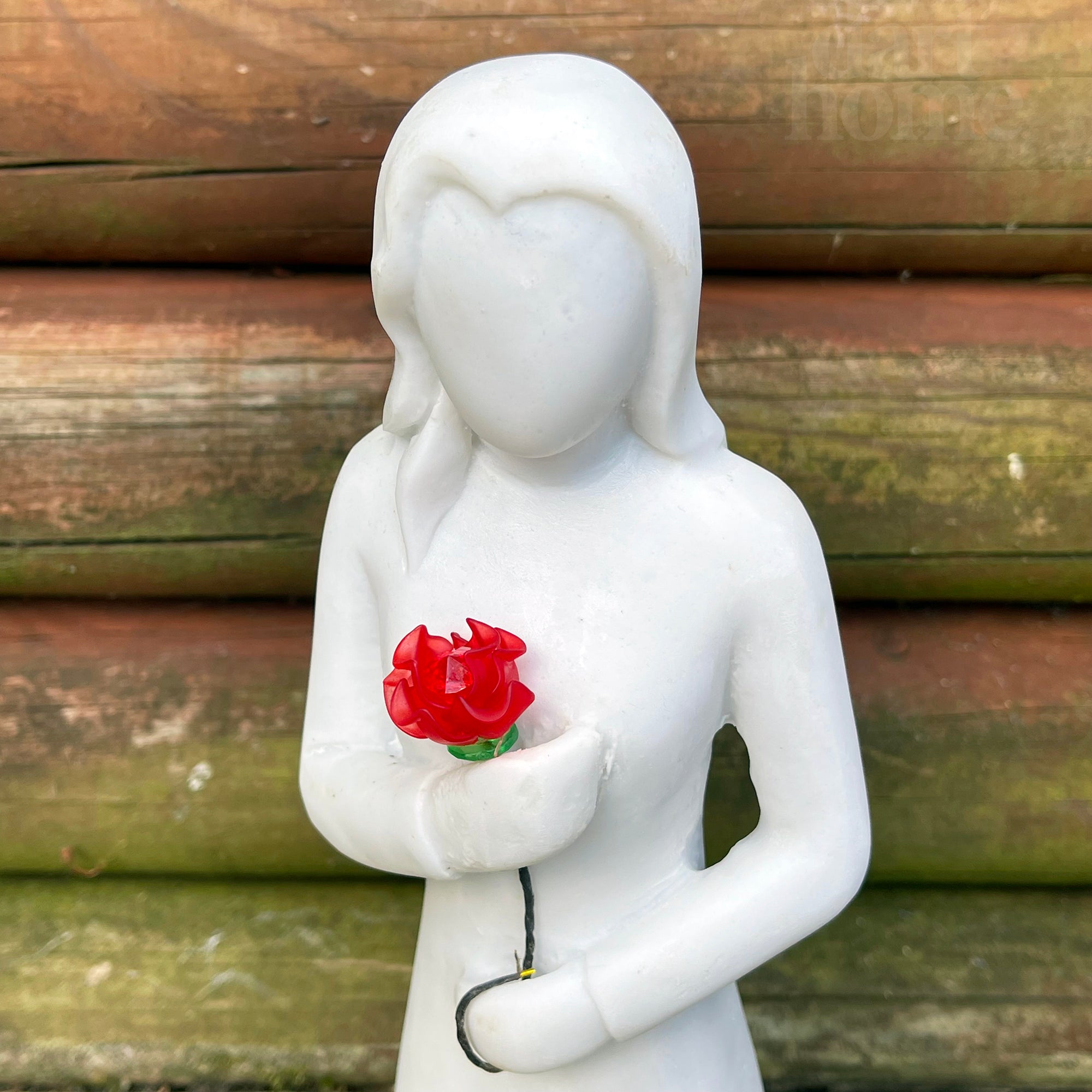 Woman With Red Rose Garden Ornament - White Marble Resin