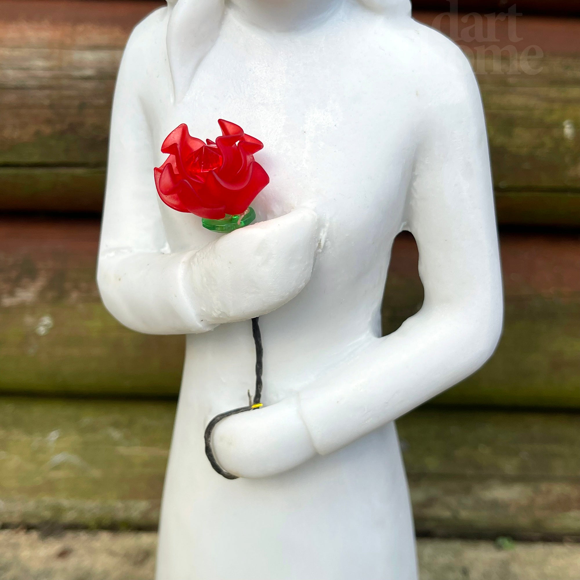 Woman With Red Rose Garden Ornament - White Marble Resin