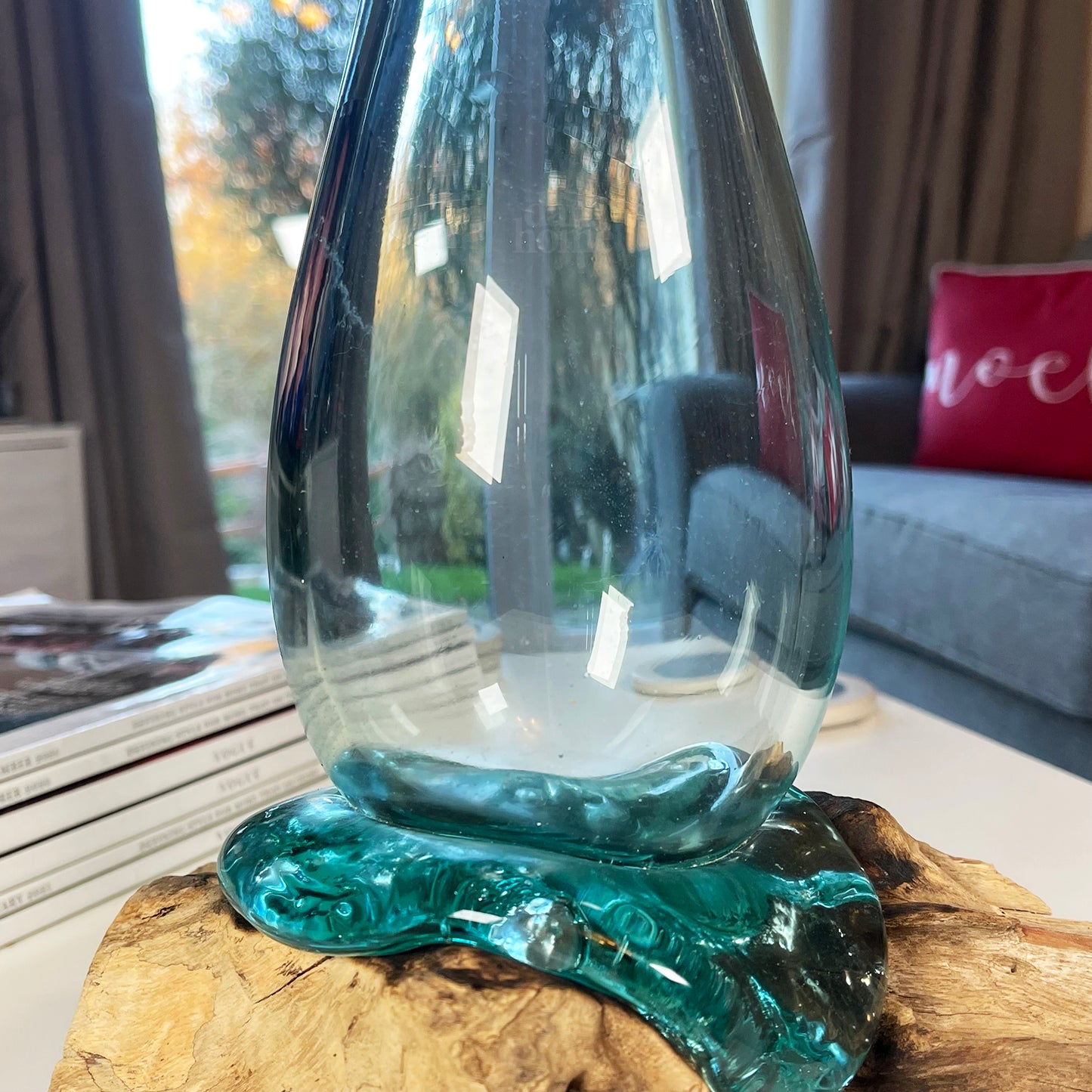 33cm Molten Glass Vase On Driftwood Stand
