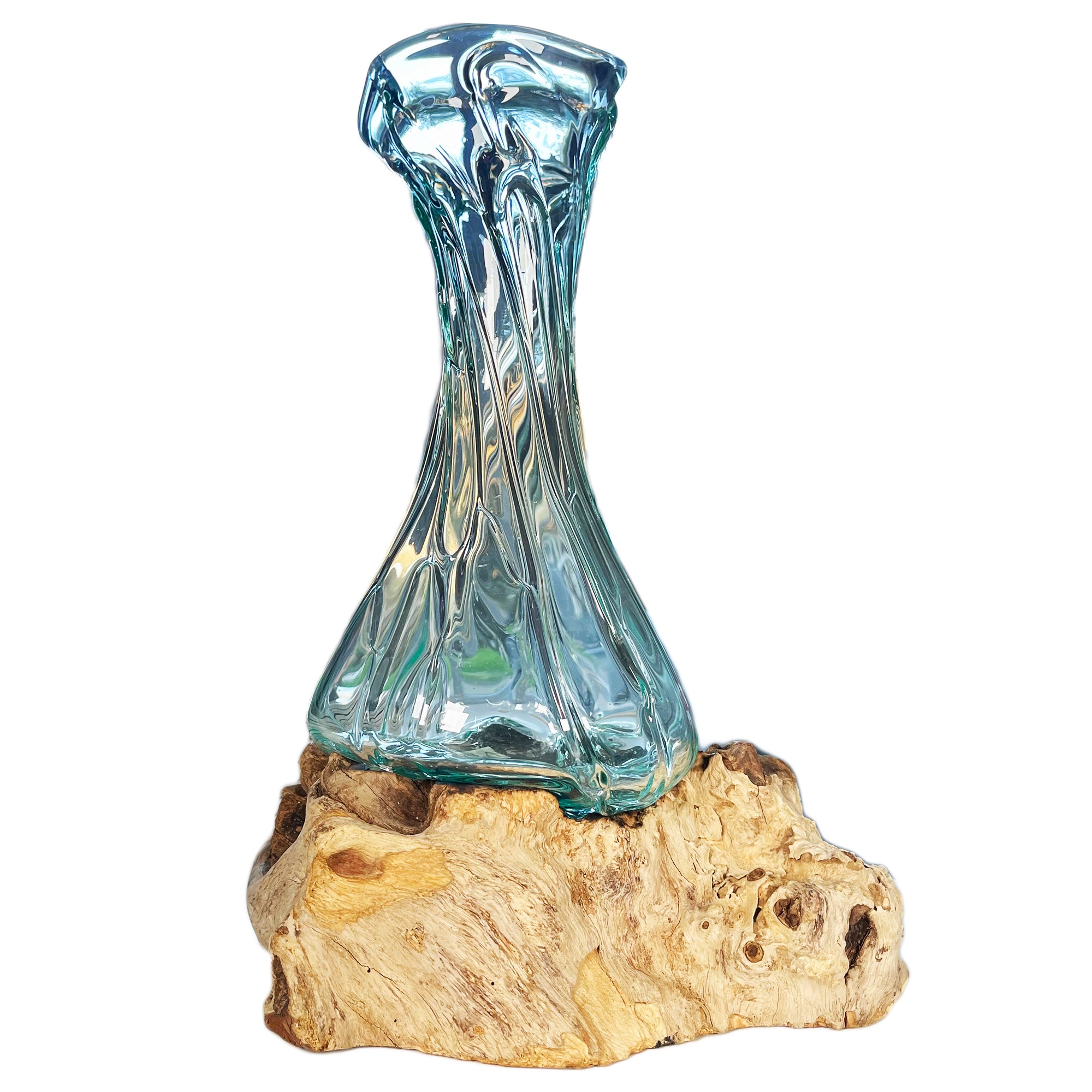 35 cm große Crinkle-Vase aus geschmolzenem Glas auf Treibholzständer