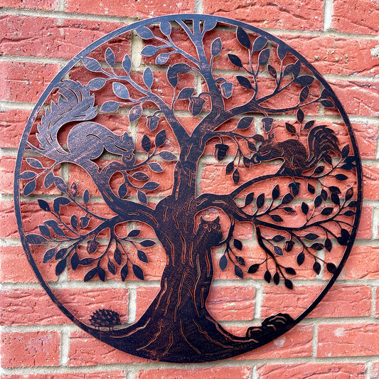 Squirrel In Acorn Tree Metal Wall Art - Copper Finish