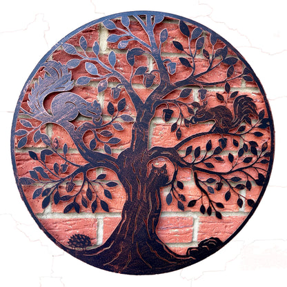 Eichhörnchen im Eichelbaum, Metall-Wandkunst – Kupfer-Finish