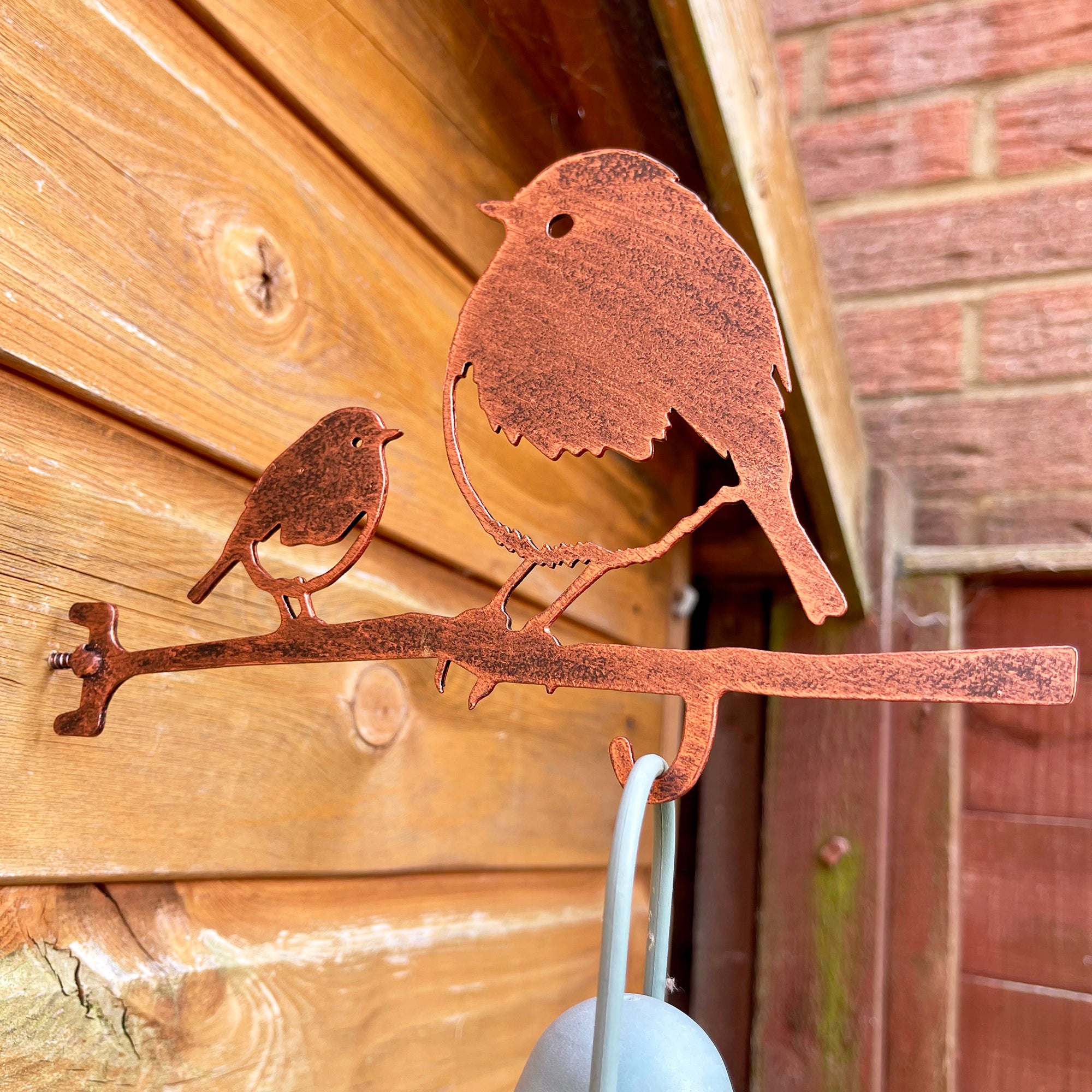 Robin & Baby Steel Bird Feeder Hanger - Copper Effect