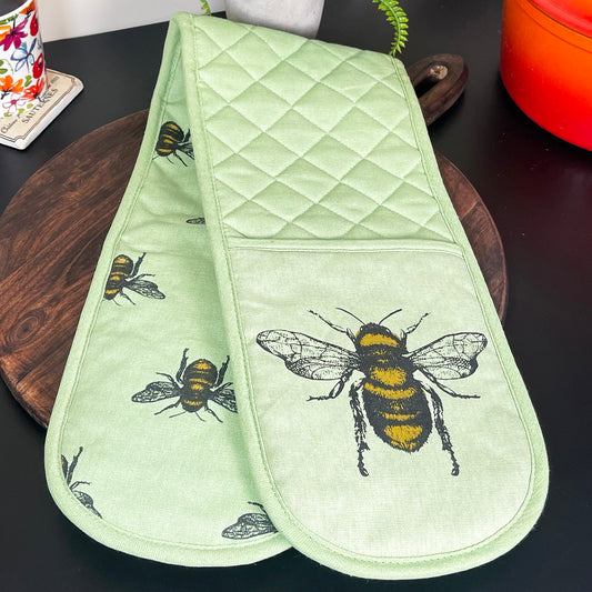 Doppelter Ofenhandschuh „Summer Bees“ aus grüner Baumwolle