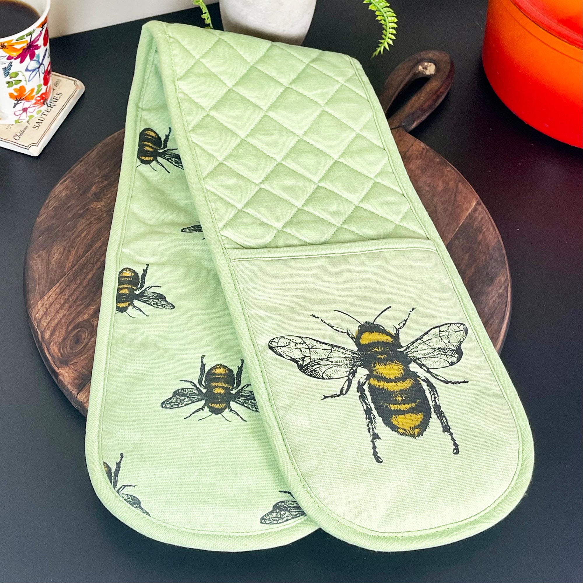 Green Cotton Summer Bees Double Oven Glove