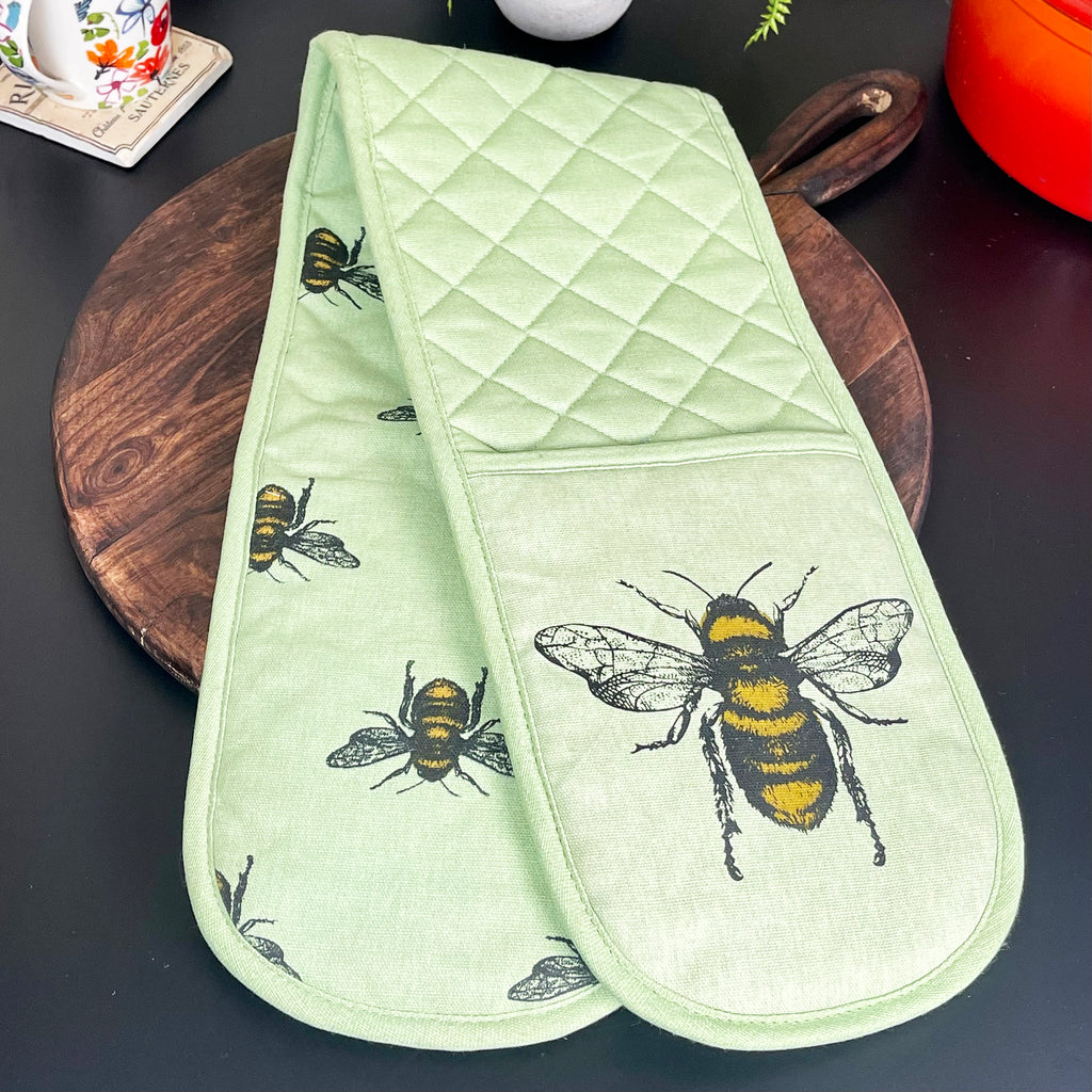Green Cotton Summer Bees Double Oven Glove