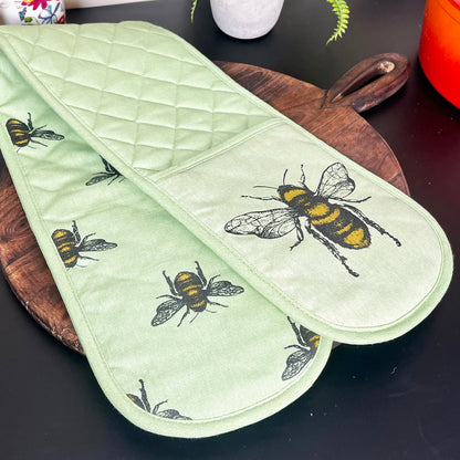 4-teiliges Küchenset mit grünen Bienen, Handschuh, Handschuh und Geschirrtuch