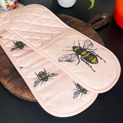 4-teiliges Küchenset mit rosa Bienenhandschuh und Geschirrtuch