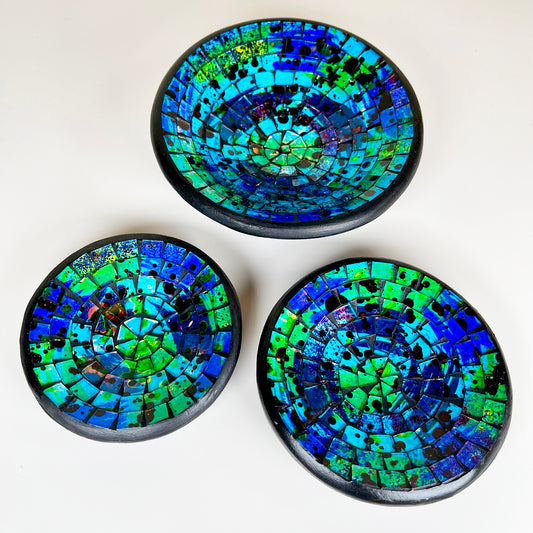 Set mit 3 blauen Mosaik-Dekoschalen