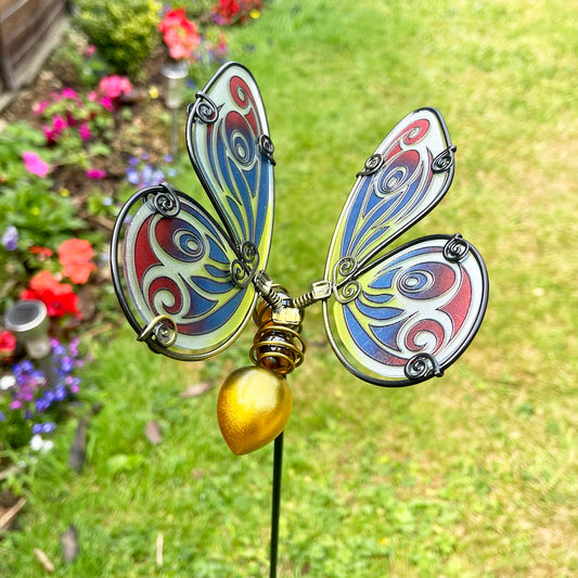 Glass Butterfly Garden Stake - Red & Blue