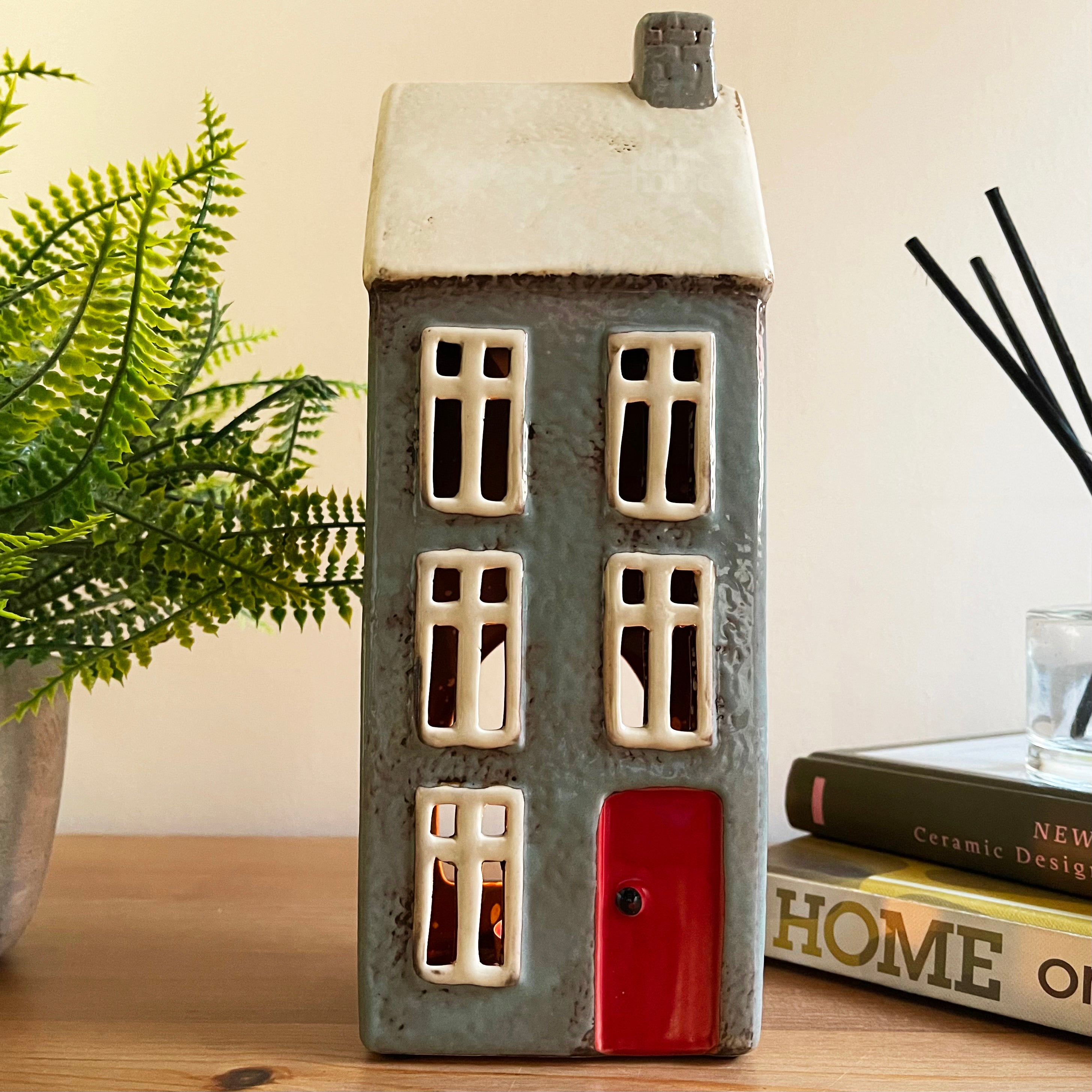 Tall Ceramic Grey House Tea Light Holder