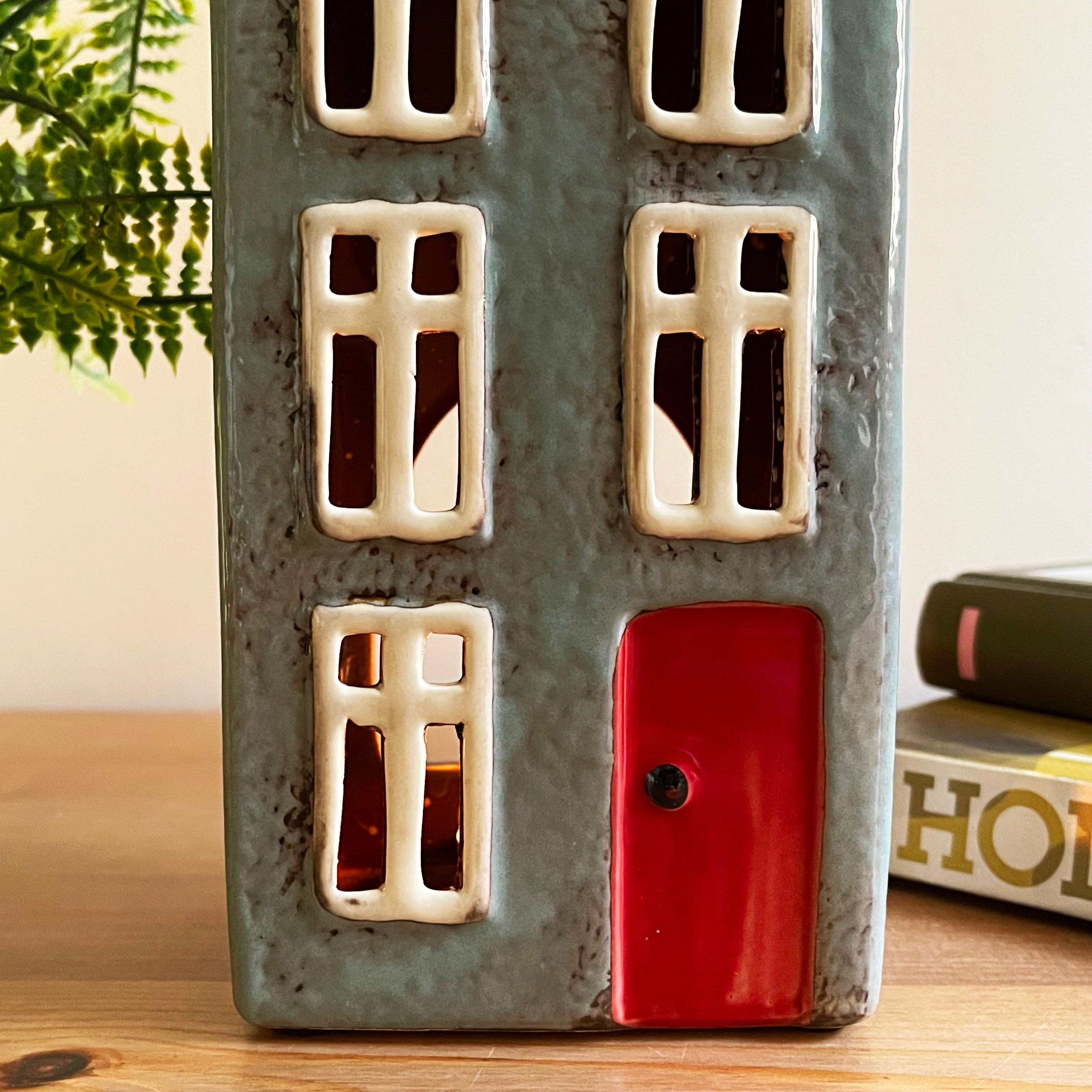 Tall Ceramic Grey House Tea Light Holder