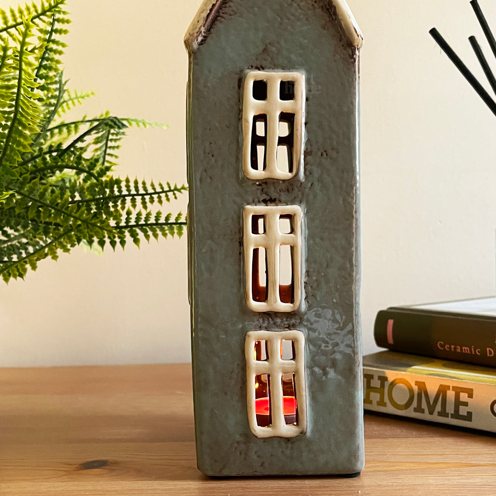 Tall Ceramic Grey House Tea Light Holder