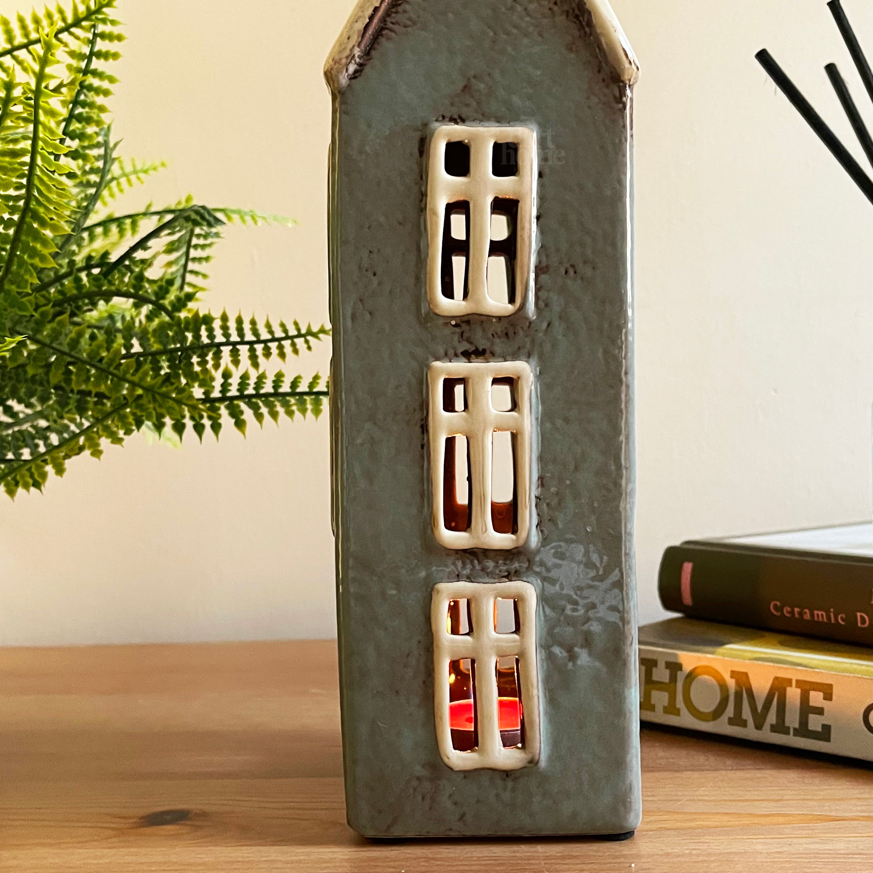 Tall Ceramic Grey House Tea Light Holder
