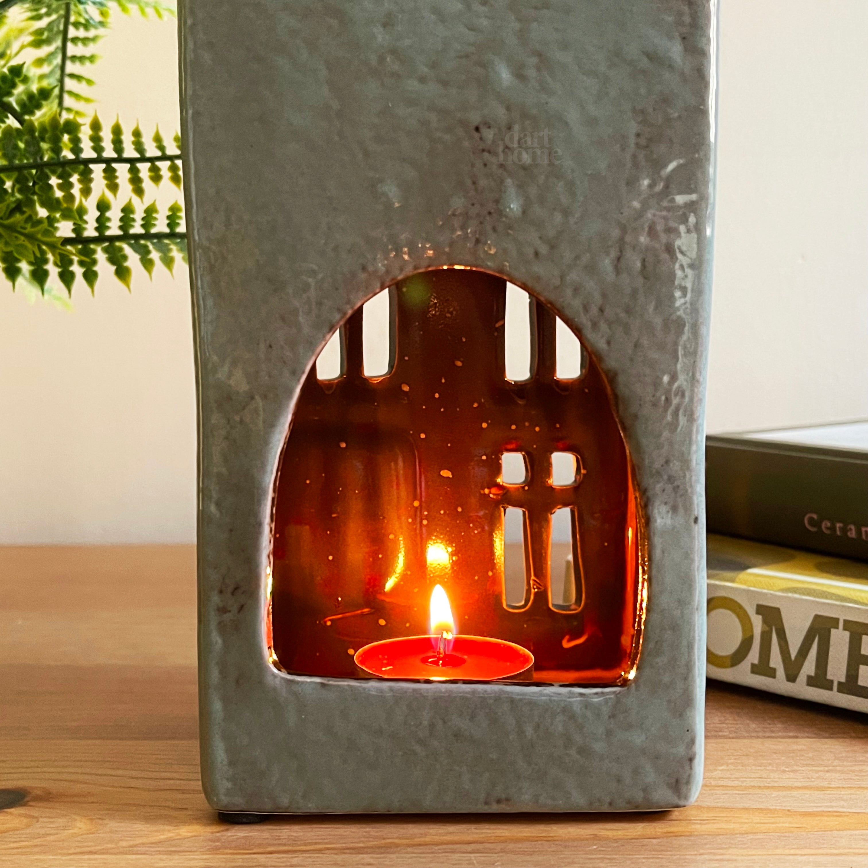 Tall Ceramic Grey House Tea Light Holder