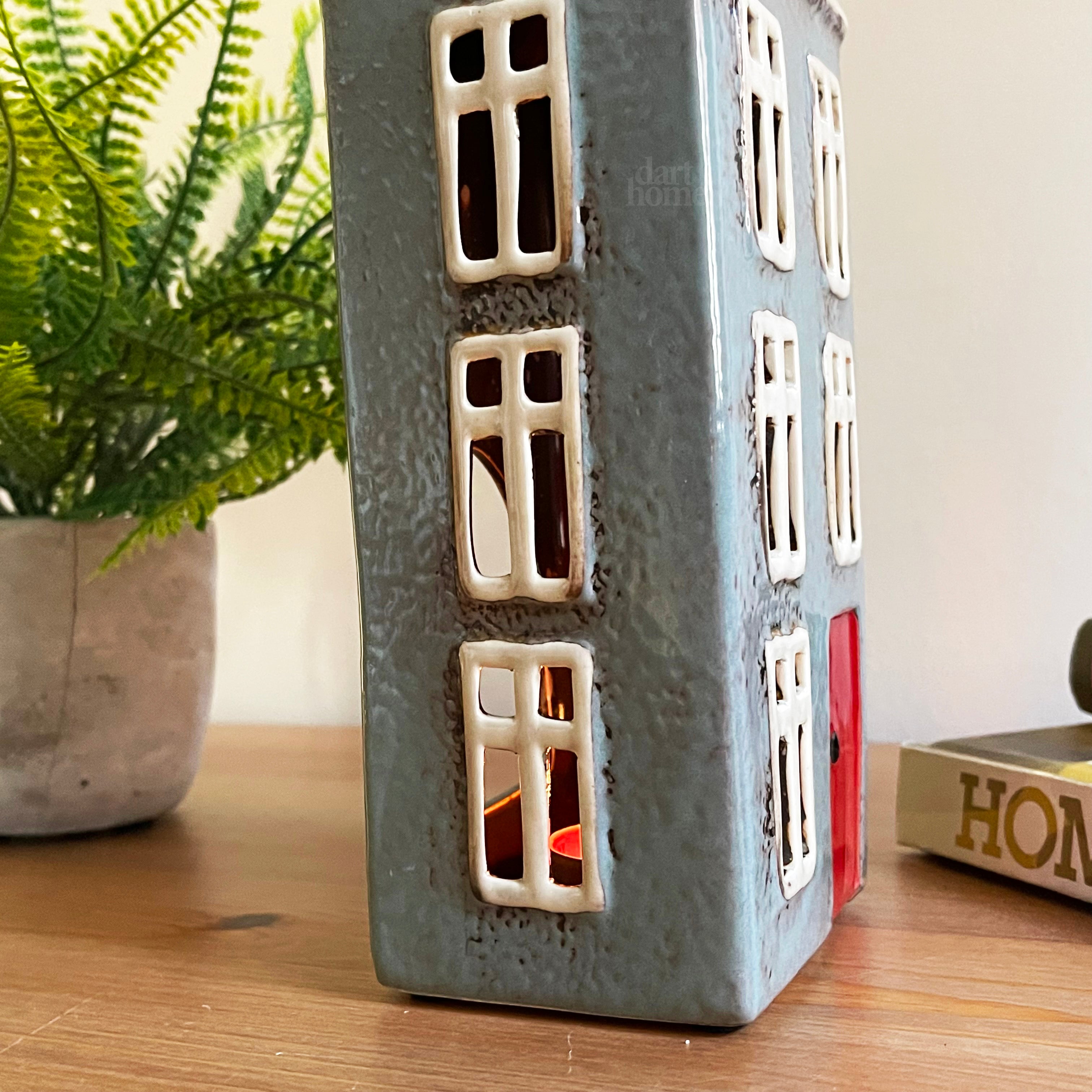 Tall Ceramic Grey House Tea Light Holder