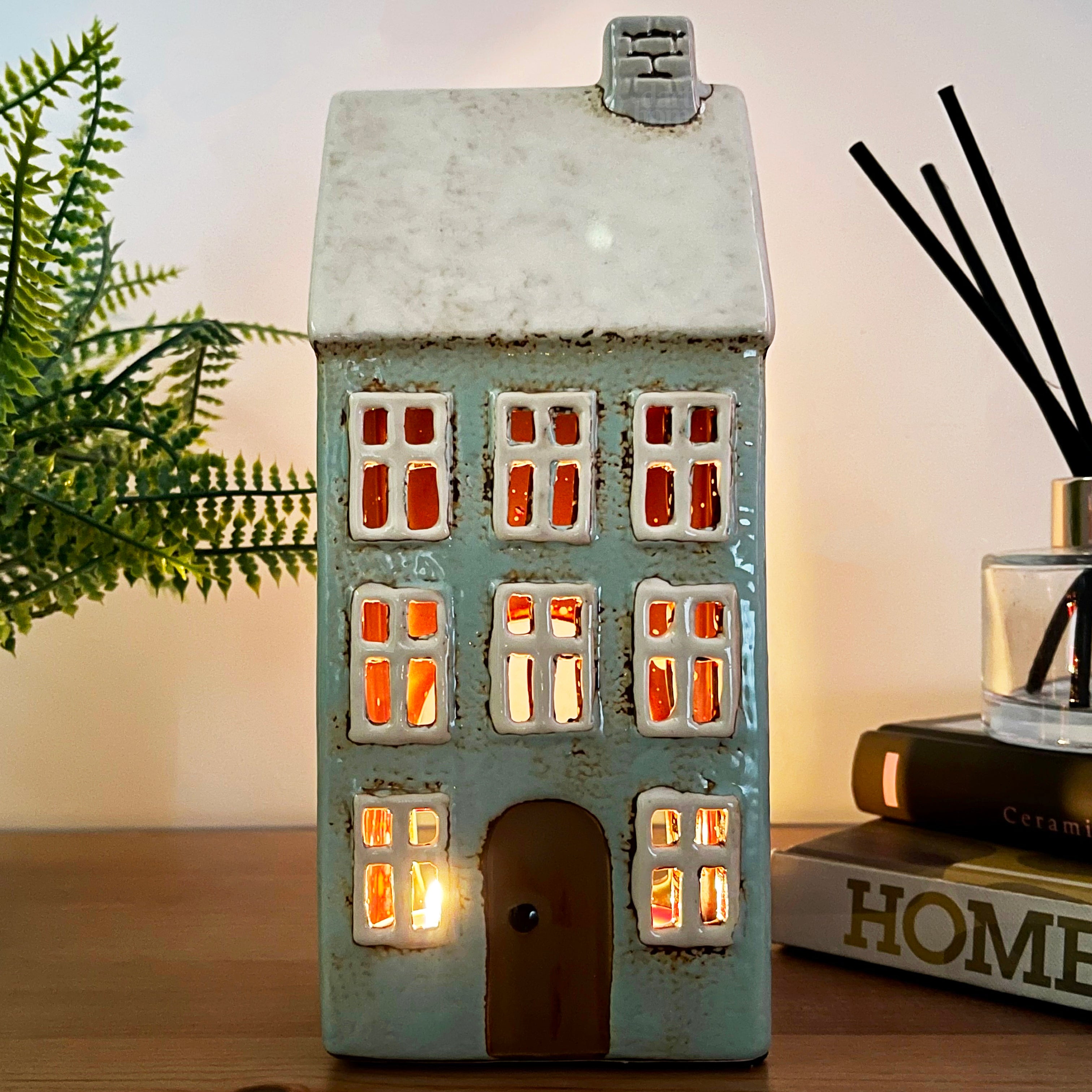 Tall Blue House Tea Light Holder