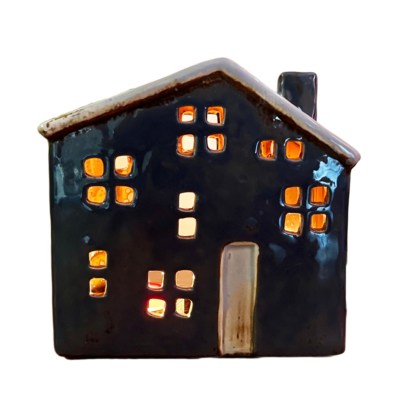 Blauer Keramik-Stadthaus-Kerzenhalter