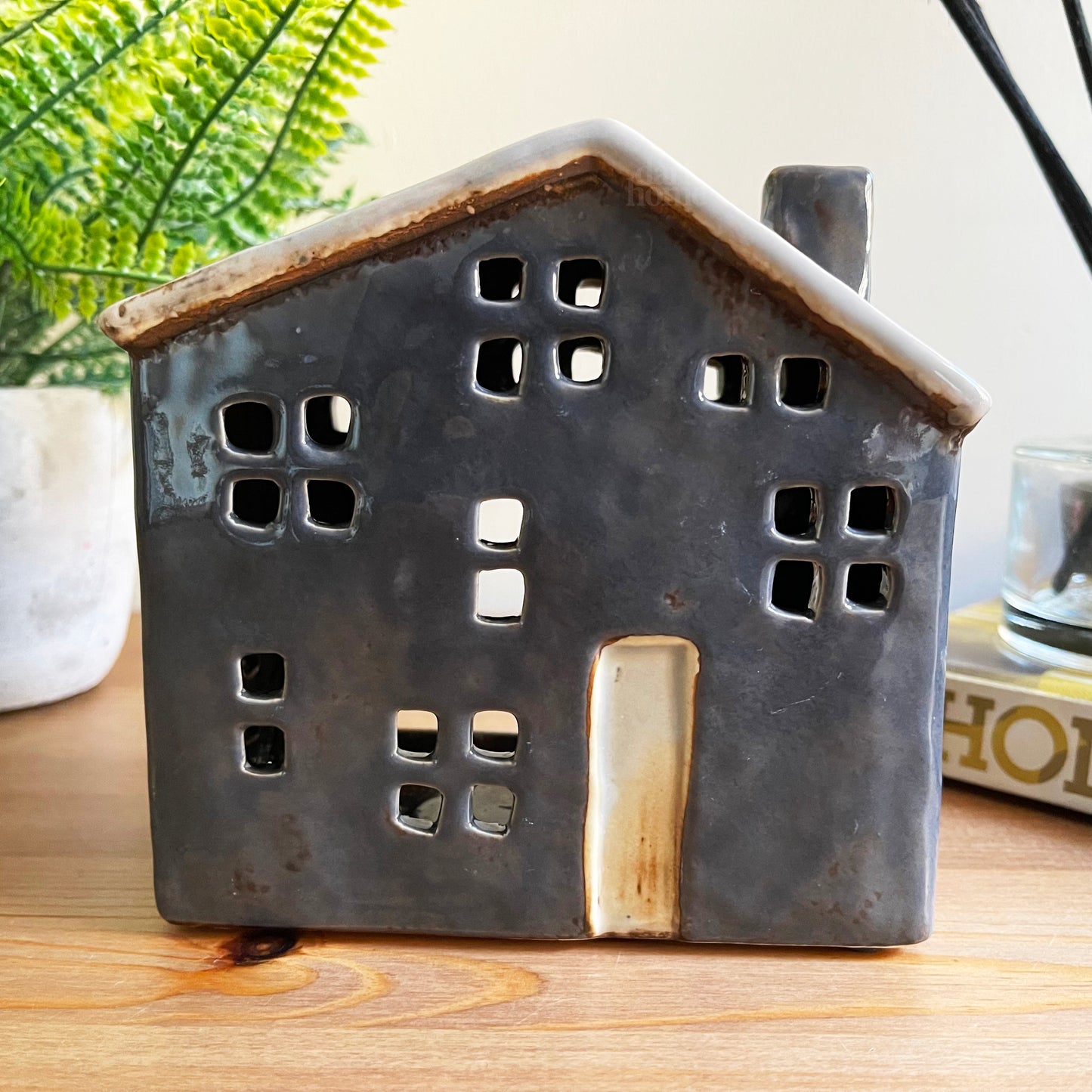 Blue Ceramic Town House Candle Holder