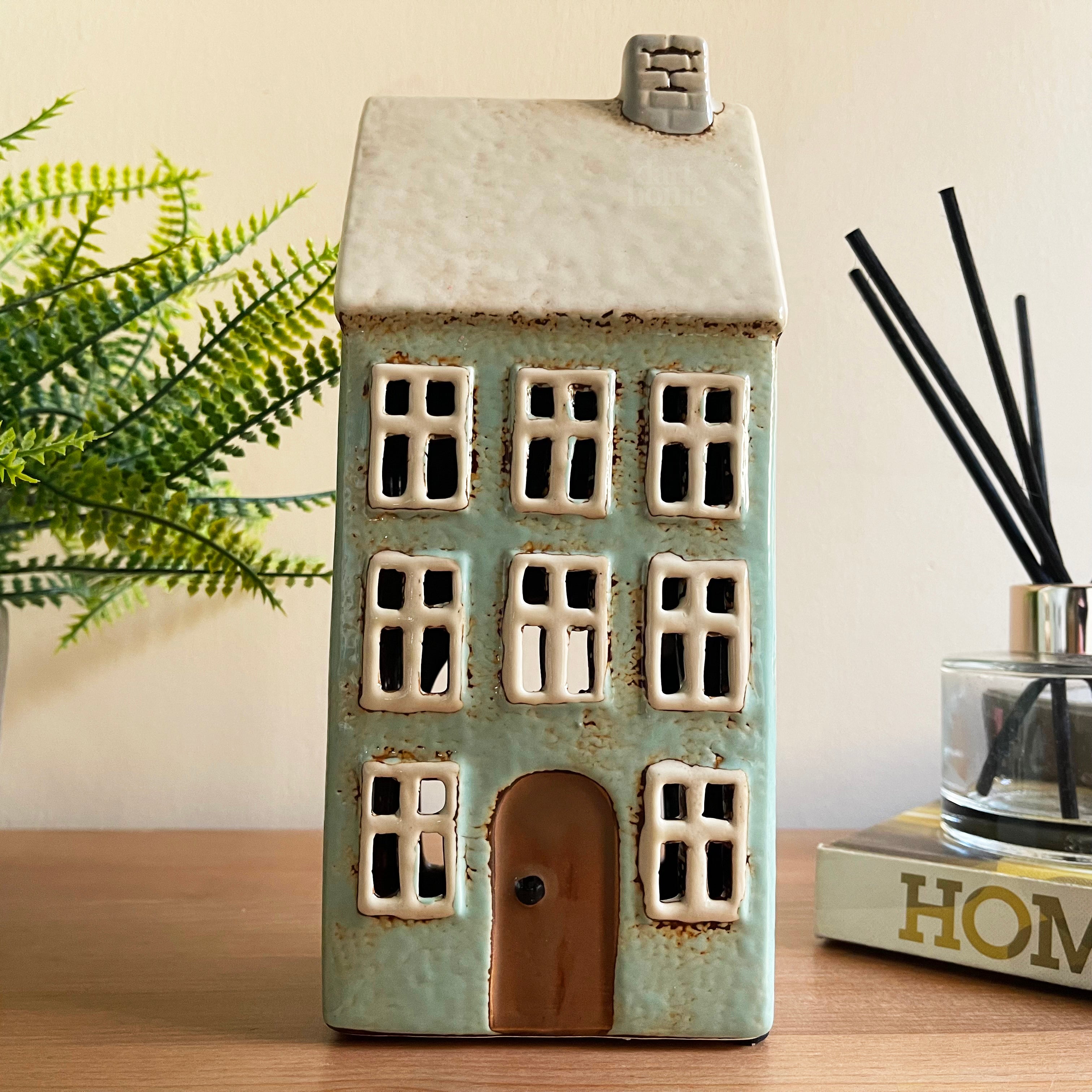 Tall Blue House Tea Light Holder