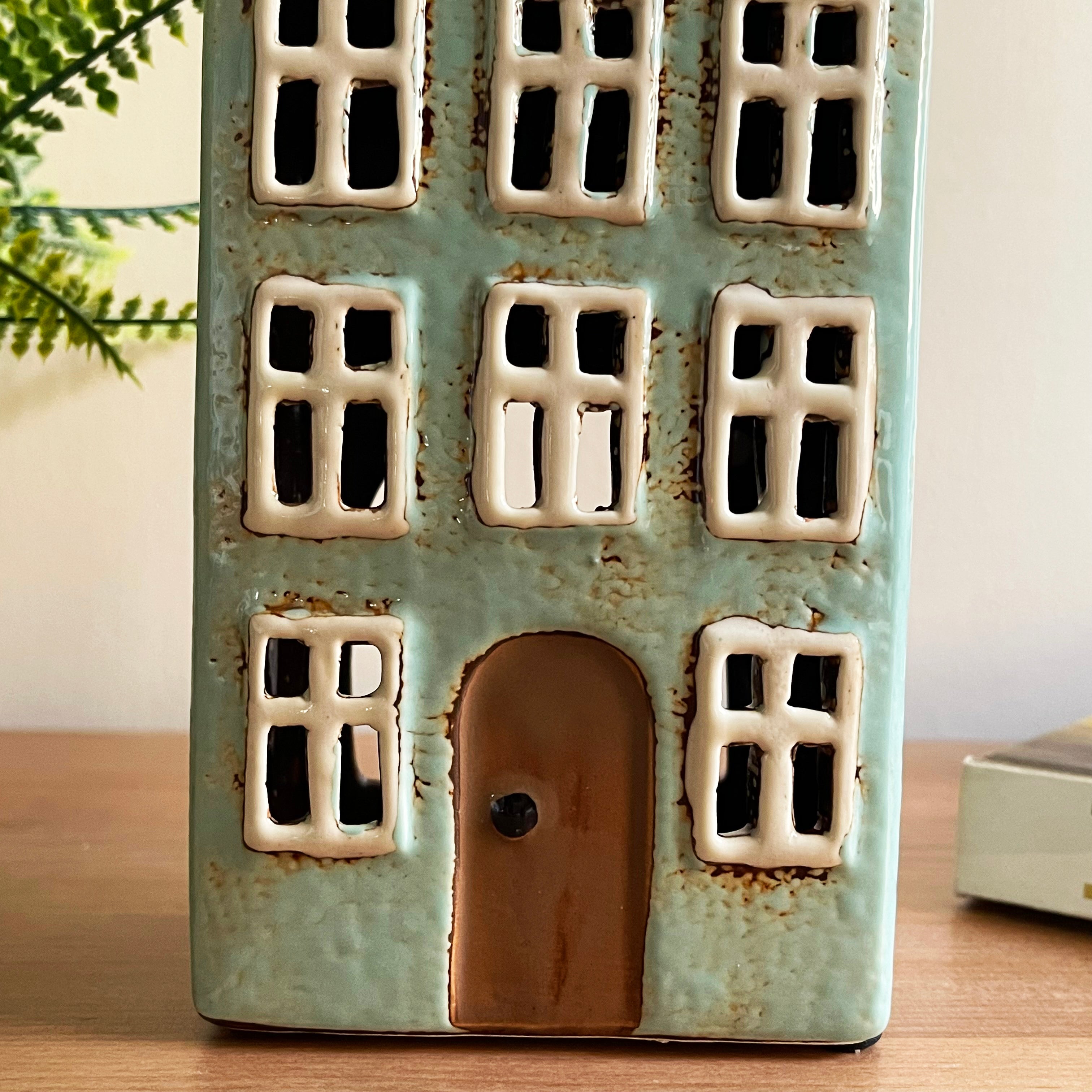 Tall Blue House Tea Light Holder