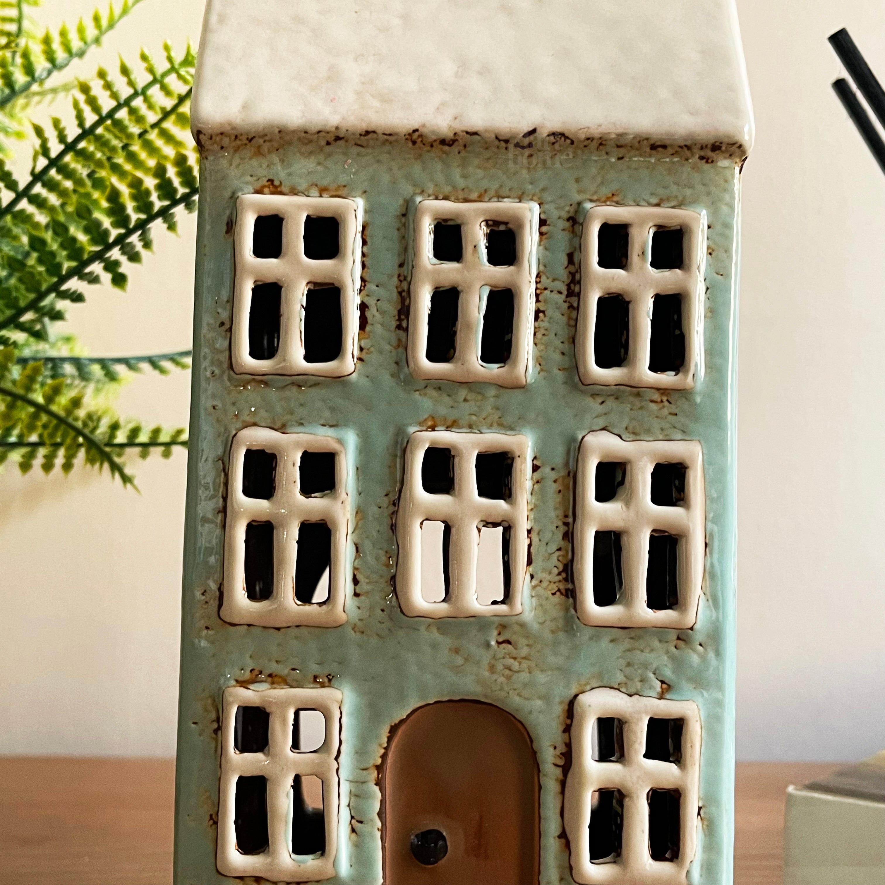 Tall Blue House Tea Light Holder