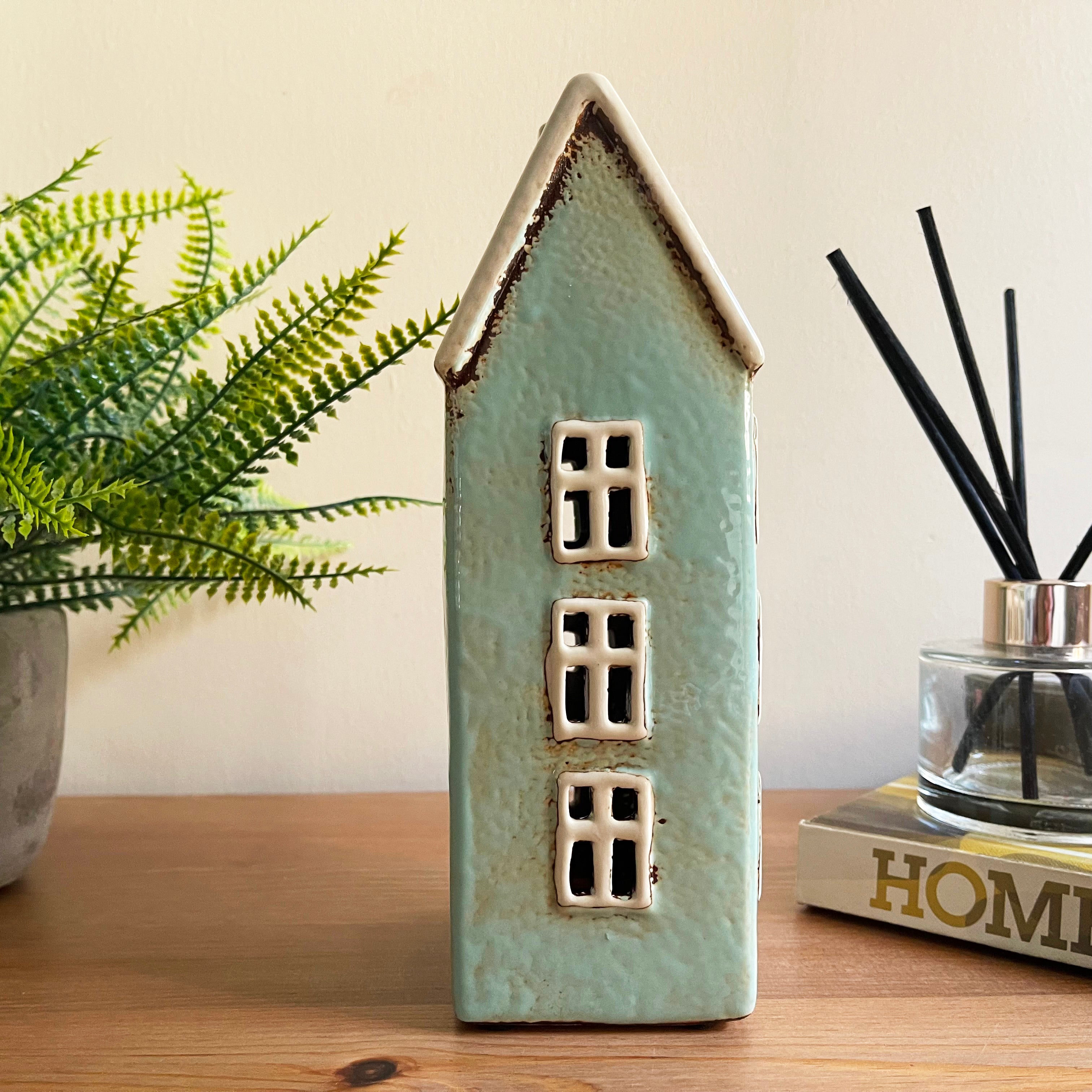 Tall Blue House Tea Light Holder
