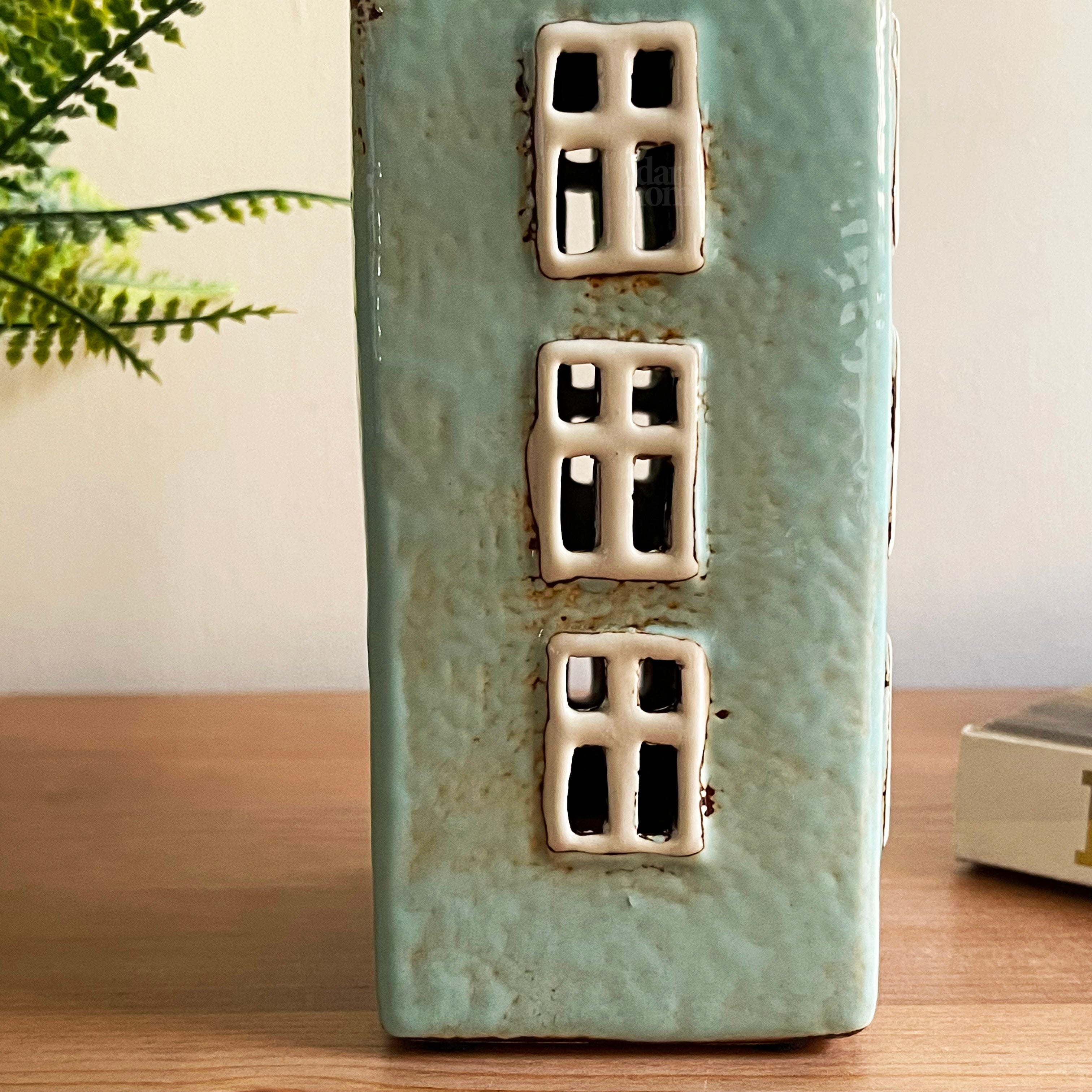Tall Blue House Tea Light Holder