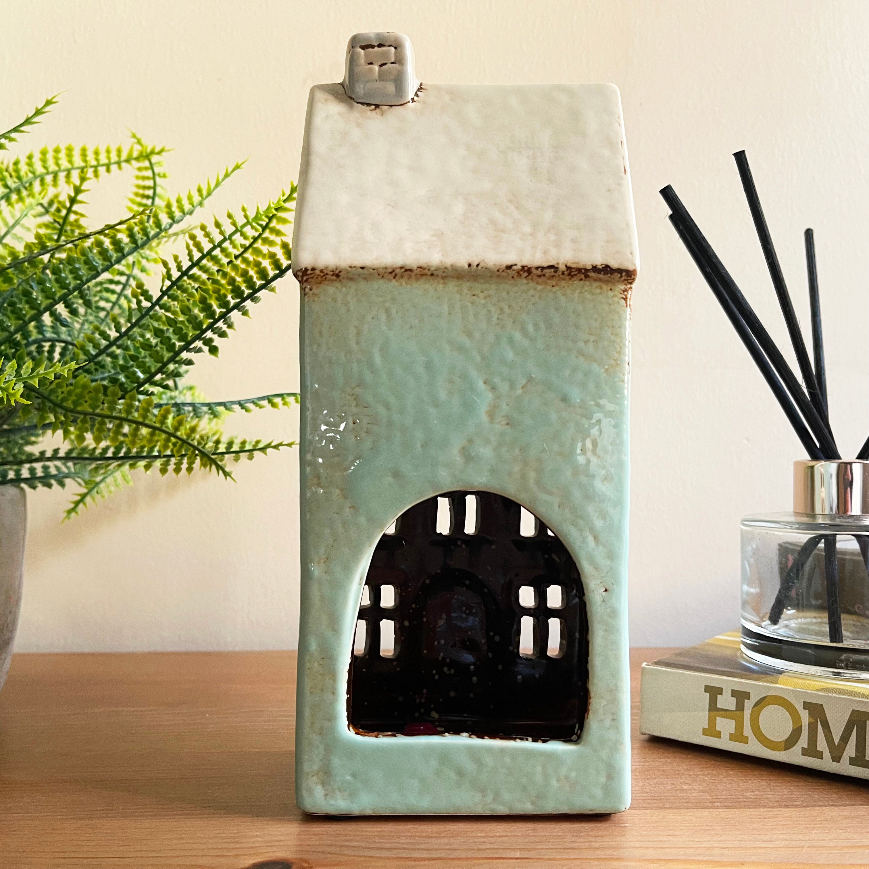 Tall Blue House Tea Light Holder