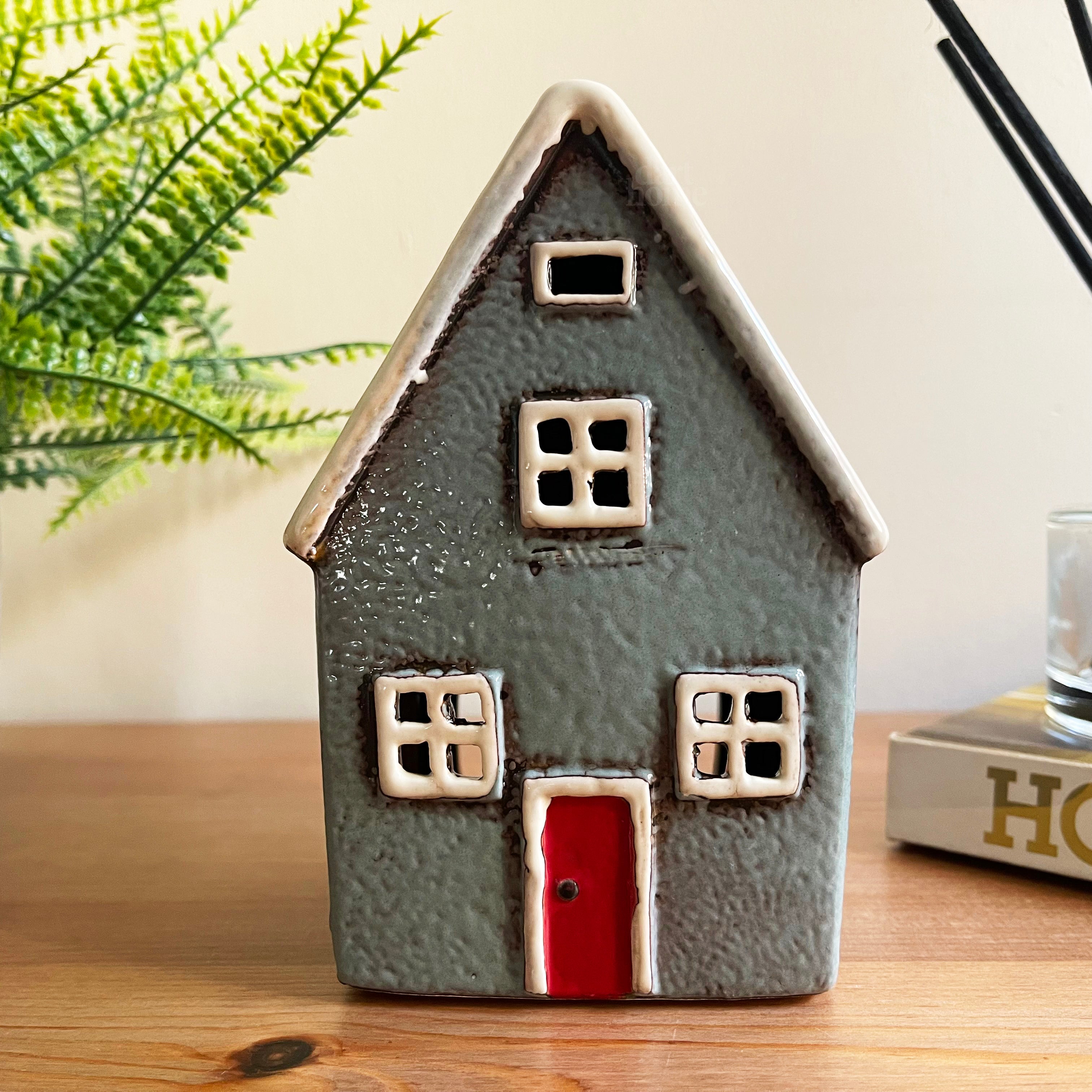Ceramic Grey Cottage House Tealight Holder