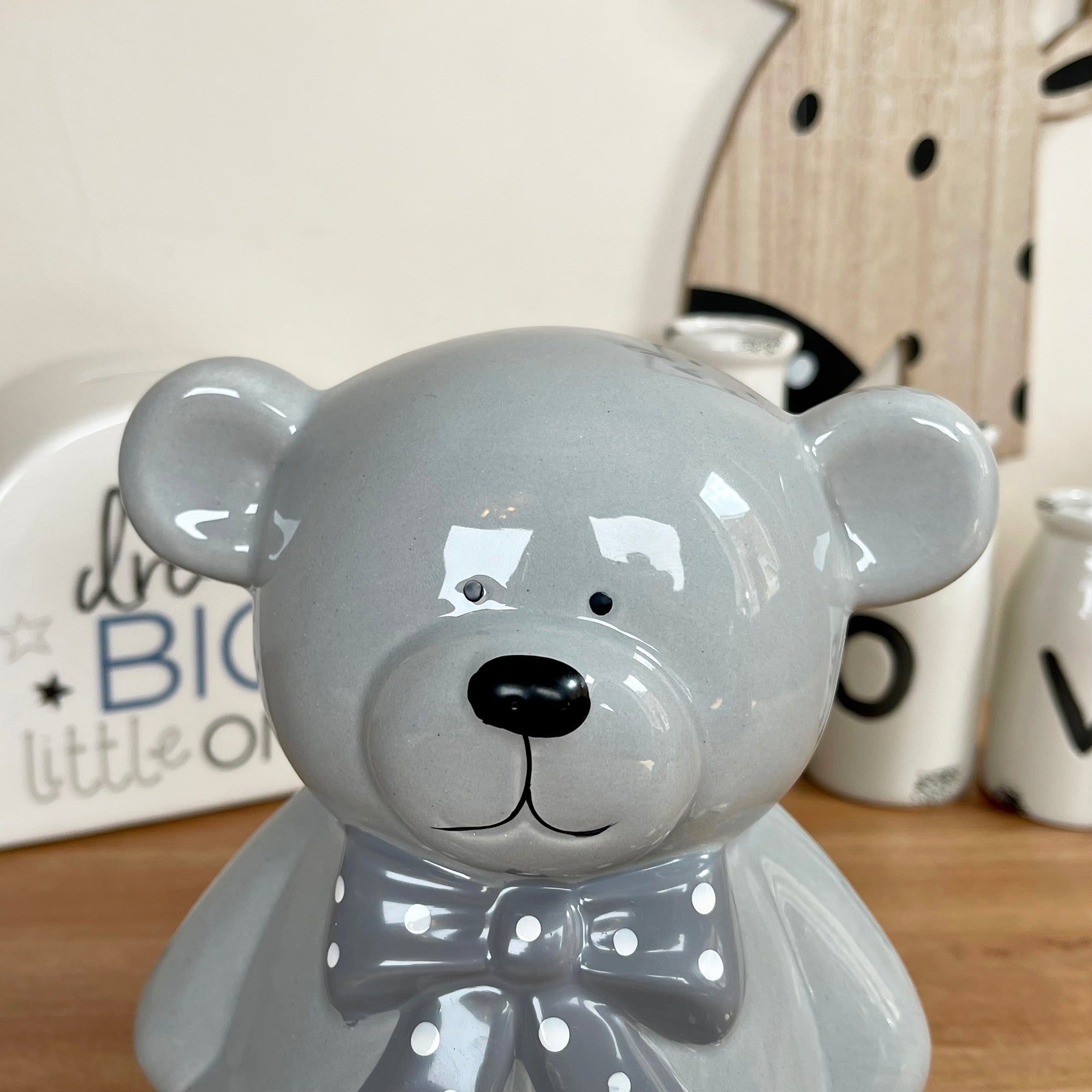 Ceramic Teddy Bear Moneybox - Light Grey