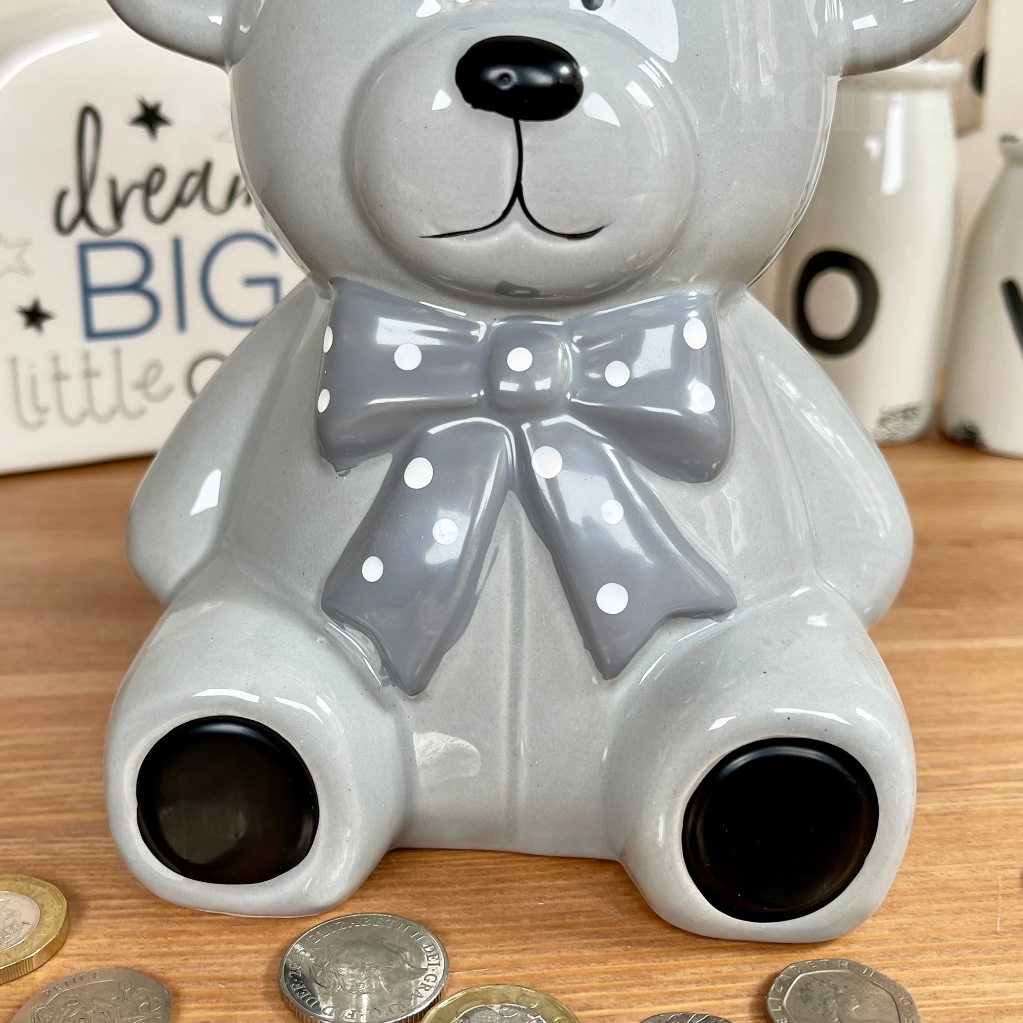 Ceramic Teddy Bear Moneybox - Light Grey