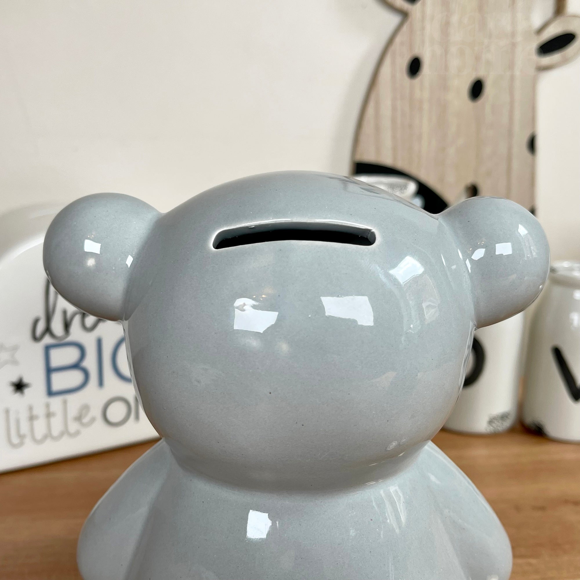 Ceramic Teddy Bear Moneybox - Light Grey