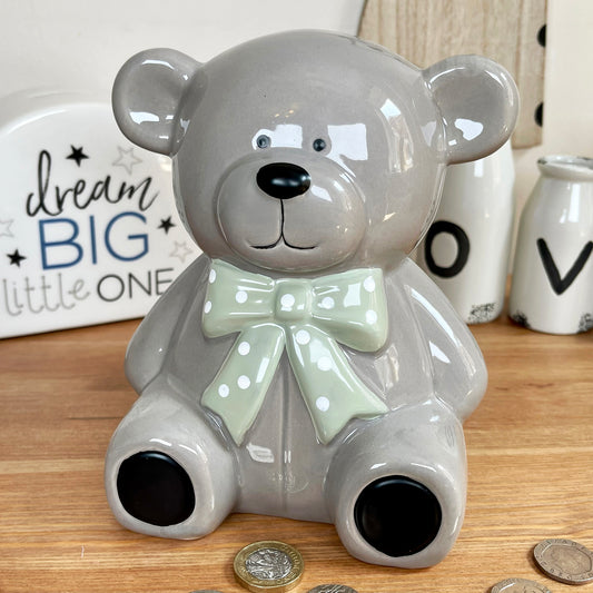 Teddybär-Spardose aus Keramik – Dunkelgrau