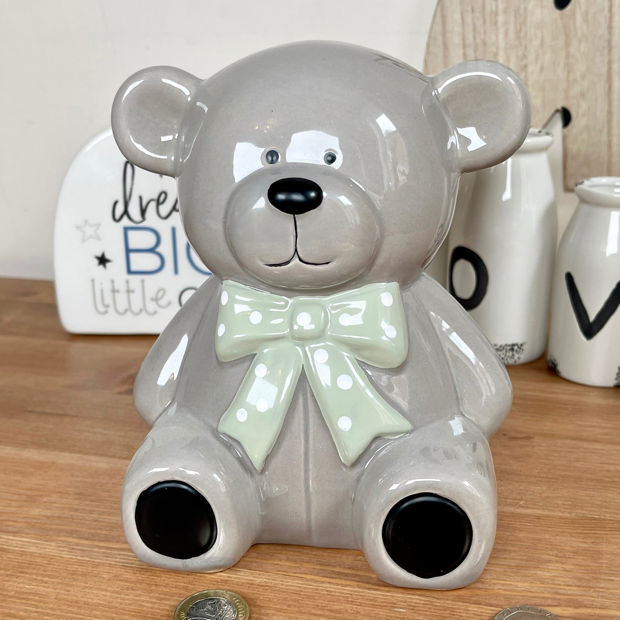 Ceramic Teddy Bear Moneybox - Dark Grey