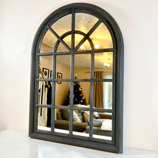 Dark Grey Wooden Arched Window Hallway Wall Mirror 102cm