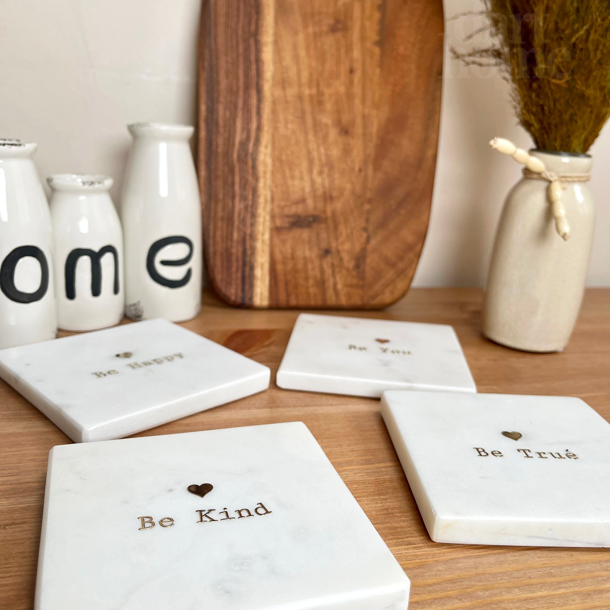 Set Of 4 Marble Quote Coasters