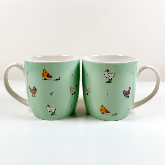 Set Of 2 Kitchen Green Chicken Family Porcelain Mugs